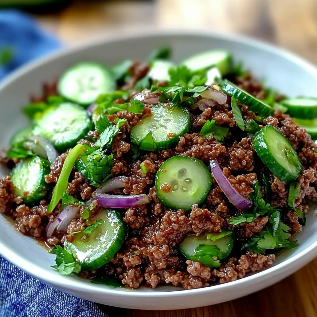 Spicy Korean Ground Beef with Cucumber Salad