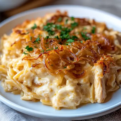 French Onion Chicken Orzo Casserole