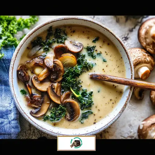 Wild Mushroom, Caramelized Onion and Kale Soup